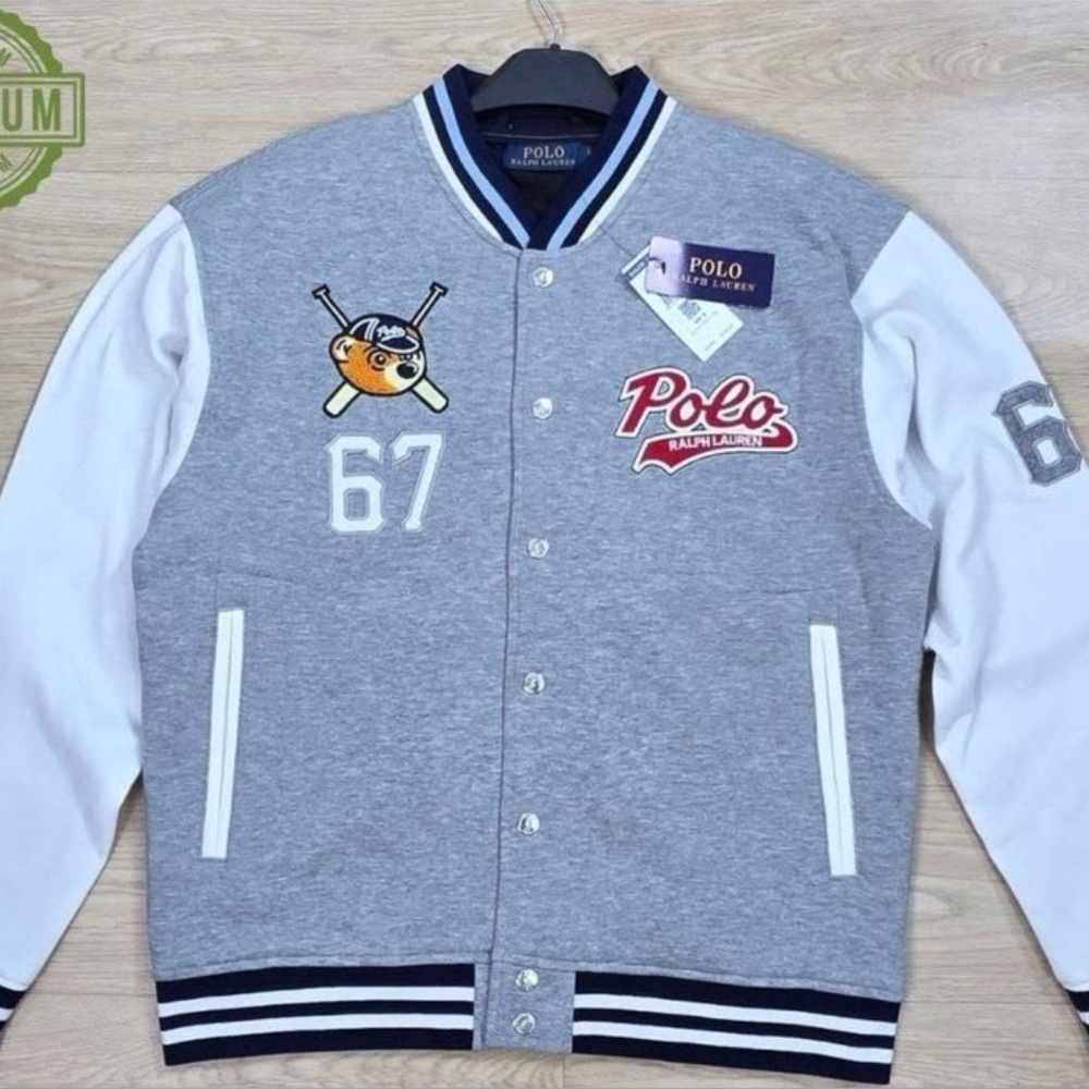 Polo by Ralph Lauren Gray & White Varsity Bomber Jacket with Red Logo